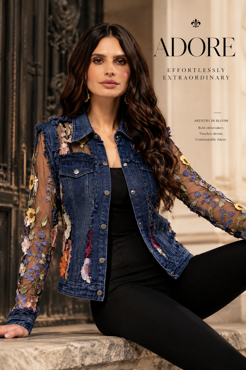Dark Denim Jacket with Floral Embroidery