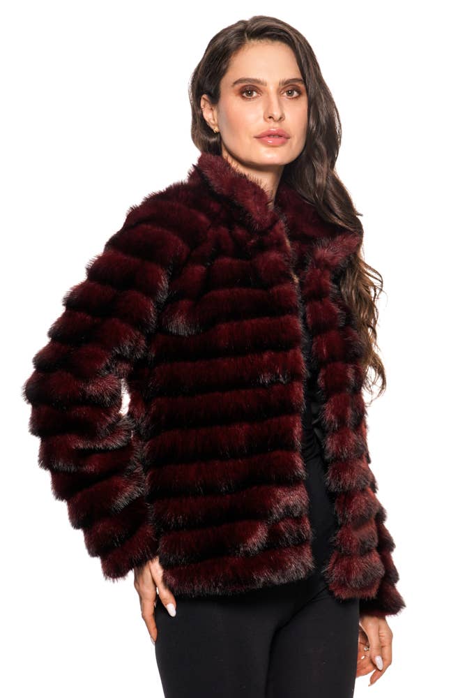 A407-B - Faux Fur Horizontal Stripe Jacket – Deep Wine Ombre