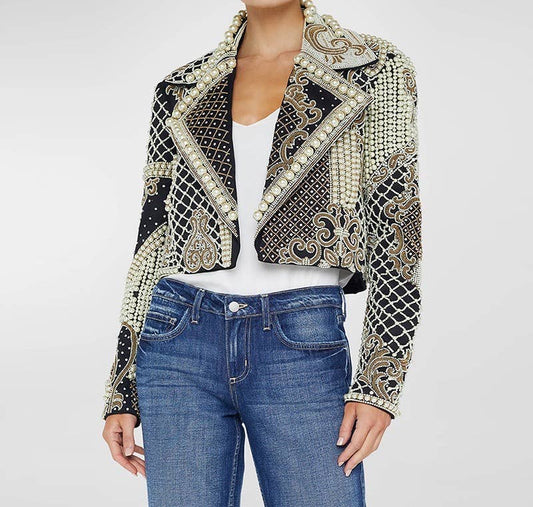 JK133Y Luxurious Hand-Embroidered Beaded Diamond Short Coat