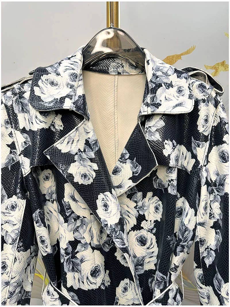 Rose Print Faux Suede Belted Trench Coat