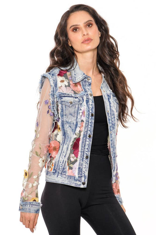 Denim Jacket with Floral Embroidery
