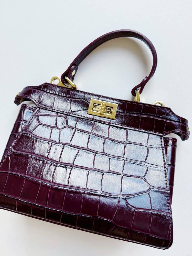 Lebcrb Italian Wine Embossed Croco Leather Crossbody Bag