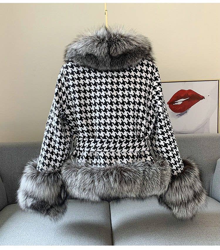 JK101Y Chic Houndstooth Faux Fur Coat