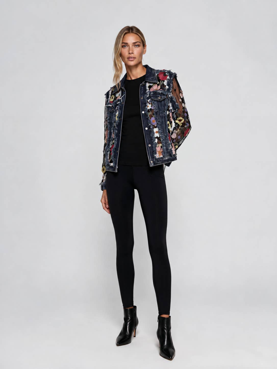 Floral Embroidered Mesh & Frayed Denim Jacket