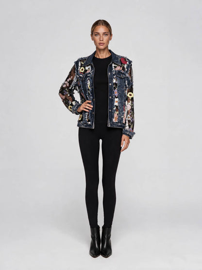 Floral Embroidered Mesh & Frayed Denim Jacket
