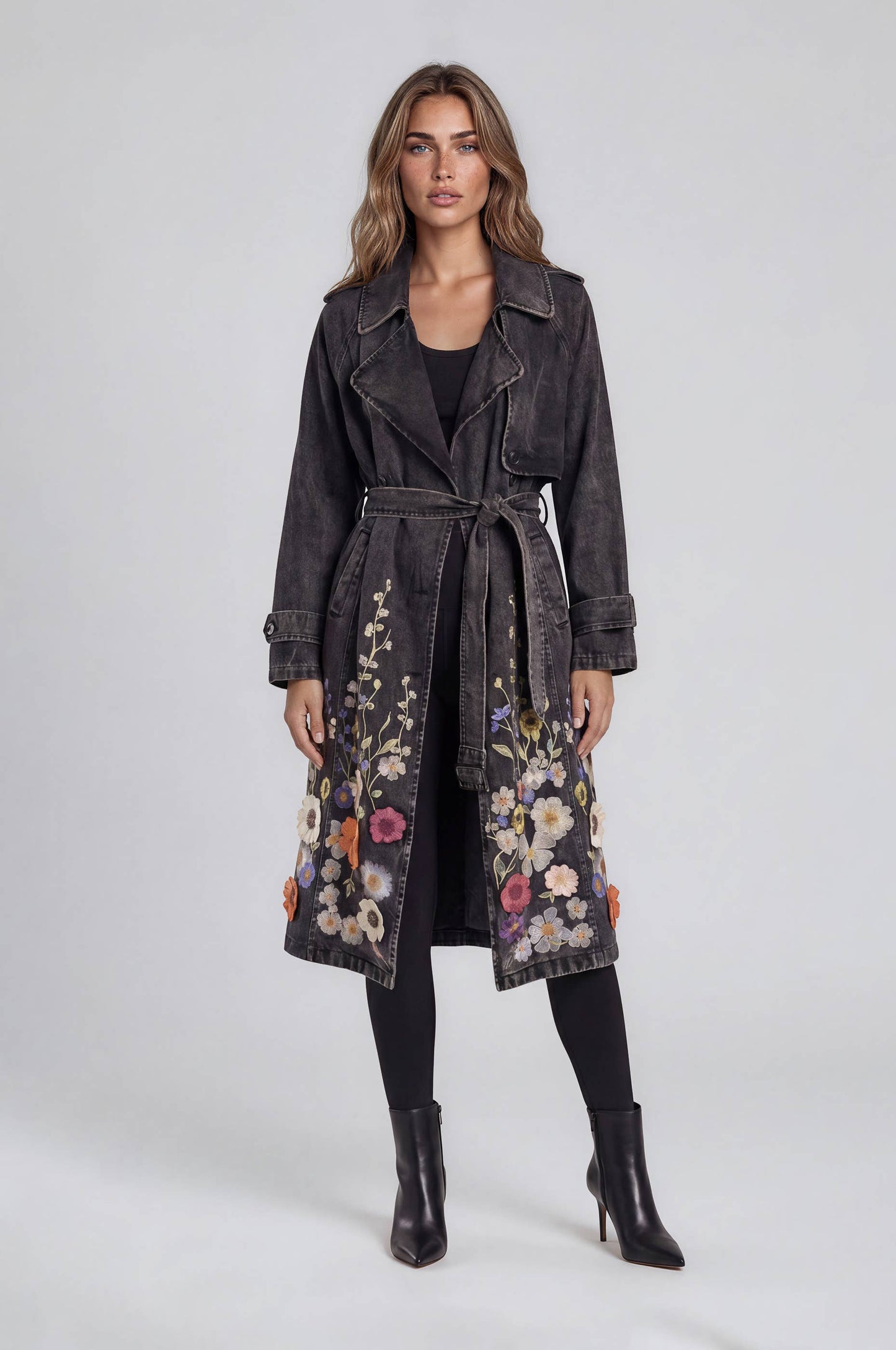 Floral Embroidered Denim Trench Coat