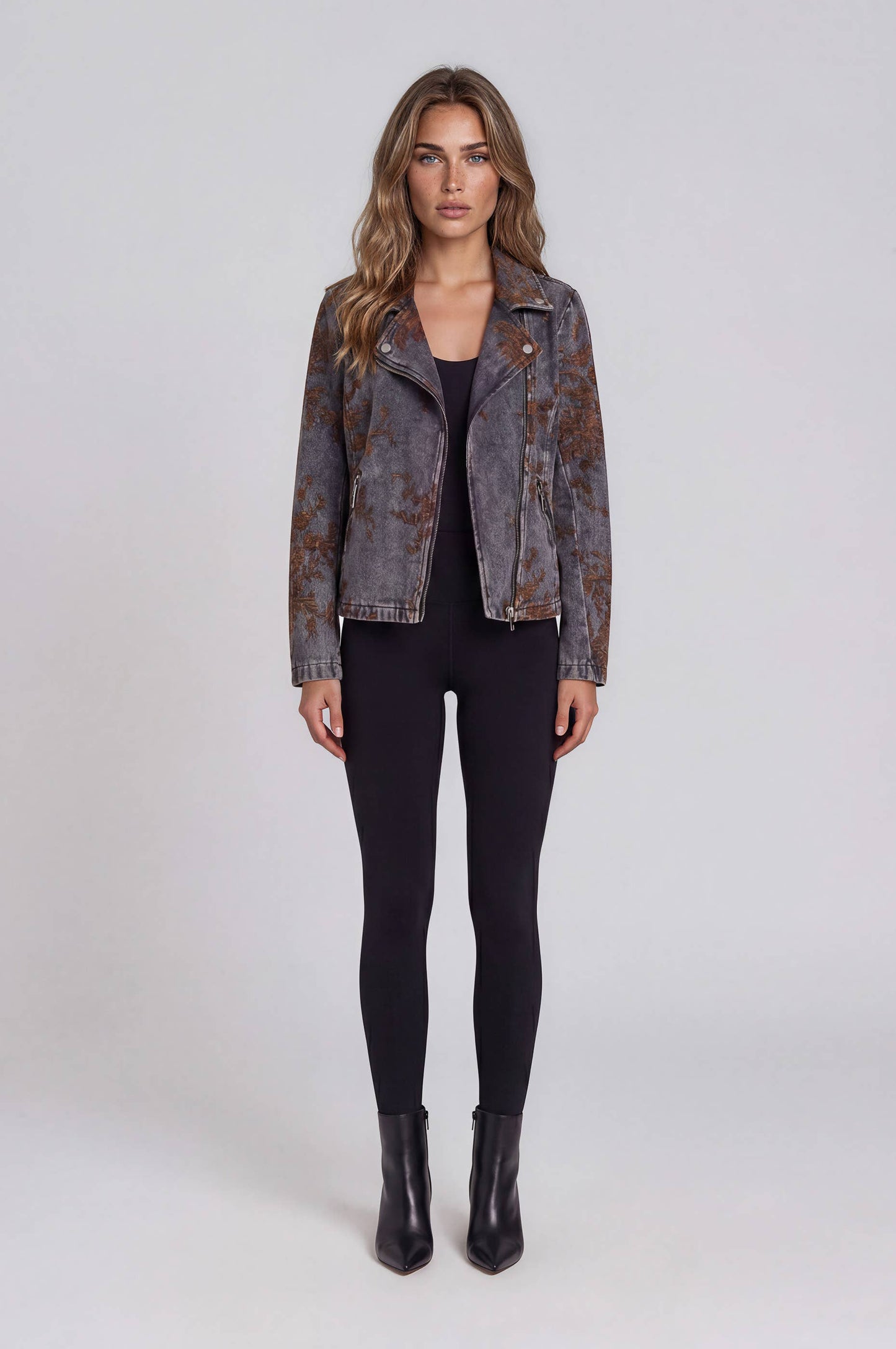 Denim Moto Jacket with Burnout Velvet