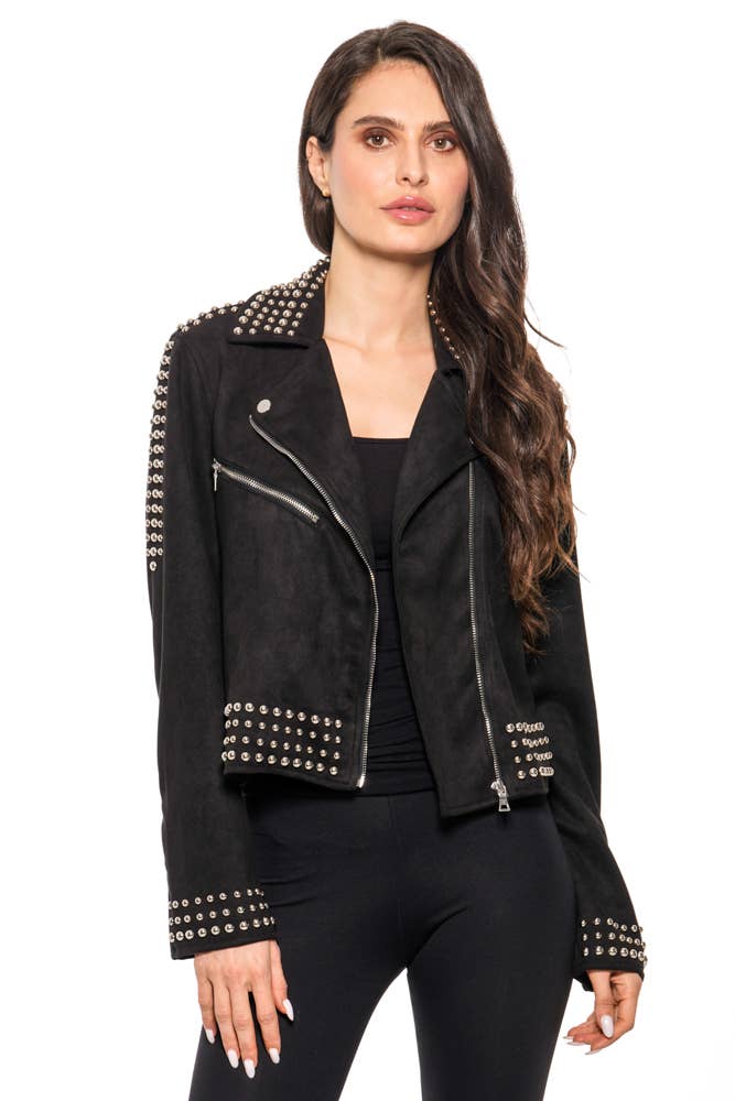B1230-6 - Studded Moto Jacket – Black Suede Finish