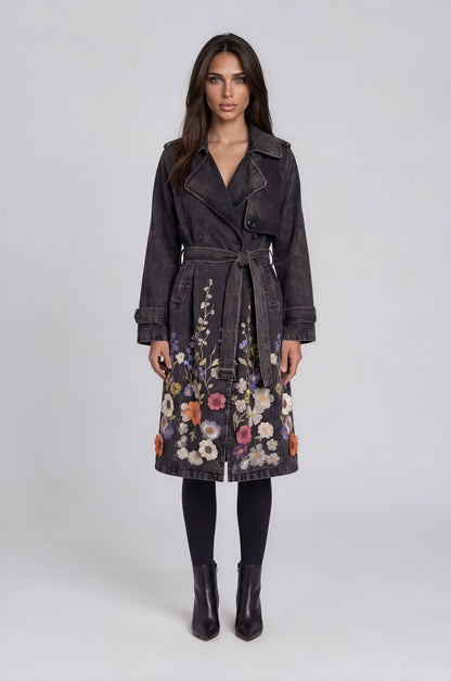 Floral Embroidered Denim Trench Coat