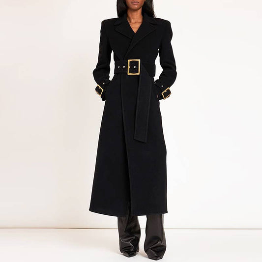 CT027 Elegant Long Black Wool Coat with Gold Accents