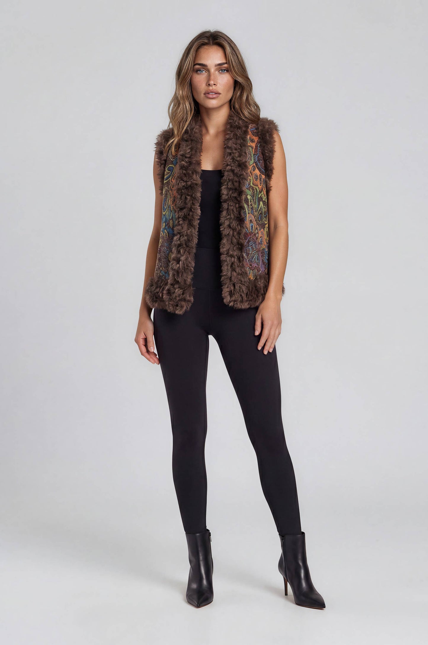 Faux Fur Trim Tapestry Vest